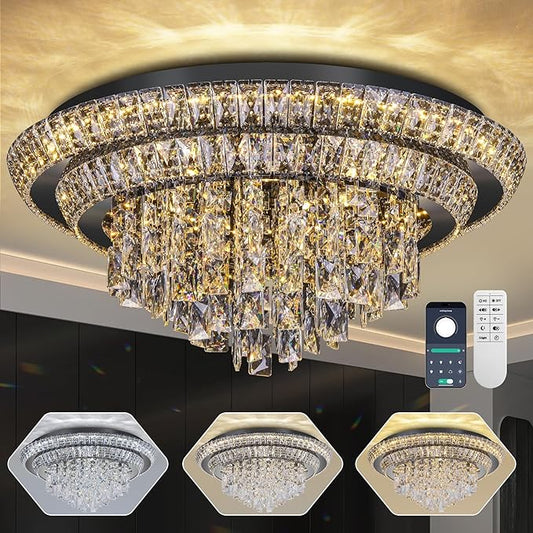 24 inch Crystal Flush Mount Black Chandelier, Modern Raindrop LED Ceiling Light, 3CCT Dimmable & Brightness Adjustable,Remote/APP ,Elegant Chandeliers for Bedroom Hallway Dinning Room Living Room