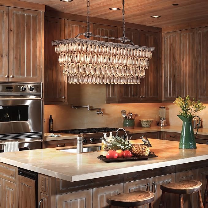 Wellmet Dining Room Crystal Chandelier,30 inch Antique Bronze Rectangle Crystal Ceiling Light,4 Lights Farmhouse Kitchen Island Lighting,Adjustable Hanging Light Fixtures