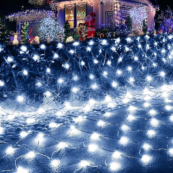 Pooqla Net Lights, 300LED Christmas Outdoor Mesh Light, 14.8x4.9 ft Fairy String Mesh Light 8 Modes Green Wire, Connectable Waterproof Net Lights for Bushes Tree Yard Christmas Decor, Cool White