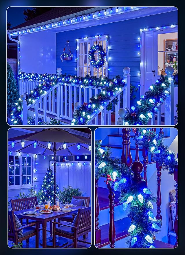 C9 Christmas Outdoor Lights, 72 FT 110 LED C9 String Lights, 8 Modes & Timer Extendable Waterproof for Christmas Tree Indoor Outdoor Roofline Patio Outside Garden Backyard Xmas Decor, Blue White