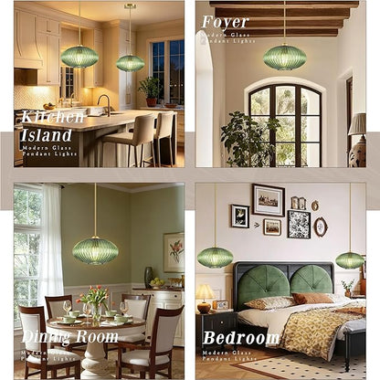 12" Green Glass Modern Pendant Light Kitchen Island 2 Pack Brushed Gold Mid Century Modern Pendant Lighting with Clear Green Glass Hanging Pendant Light for Dining Room（Bulb Incl.）