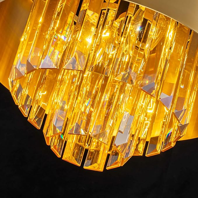 LumFurn 3-Light Luxury K9 Crystal Ceiling Light for Living Room, Foyer, Bedroom, Close to Ceiling Semi-Flushmount Light Fixture, Brass Finish Metal Lampshade & Champagne Crystal Pendant