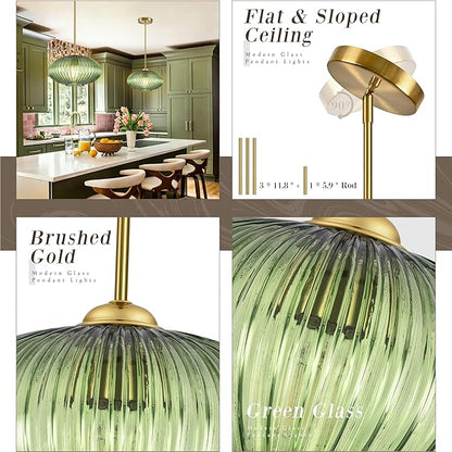 12" Green Glass Modern Pendant Light Kitchen Island Brushed Gold Mid Century Modern Pendant Lighting with Clear Green Glass Hanging Pendant Light for Dining Room（Bulb Incl.）