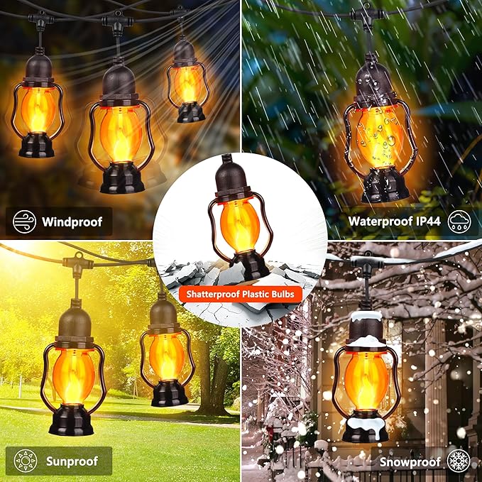 Zeiliuled Flame Outdoor String Lights, 21FT Patio Lights with 10 Flickering Flame Bulb, Timer, Waterproof LED Outdoor Decorative Orange Lights for Patio, Yard, Bistro, Porch, Garden Decor