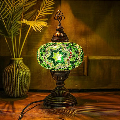 Turkish Lamp, Mosaic Table Lamp, Antique Moroccan Decorative Glass Bohemian Vintage Lamp Shade, Small Desk Tiffany Bedside Stained Glass Lamp with US Plug and E12 Socket