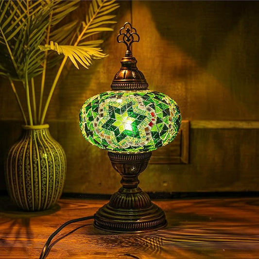 Turkish Lamp, Mosaic Table Lamp, Antique Moroccan Decorative Glass Bohemian Vintage Lamp Shade, Small Desk Tiffany Bedside Stained Glass Lamp with US Plug and E12 Socket