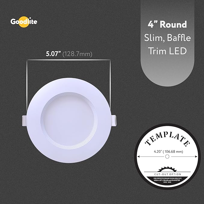 Goodlite 4" LED Round, Recessed Ultra Slim Baffle-Trim Fixture, 12W, 120-277V, CRI 90+, Wet & ETL, Triac & 0-10V Dimming, 1000 Lumens, Color Selectable 2700k-3000k-3500k-4100k-5000k, 1ct (G-97822)