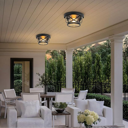 Flush Mount Ceiling Light Fixture Black, 2-Light Modern Farmhouse Porch Light Ceiling Mount for Outdoor, Indoor Flush Mount Lights Fixture for Hallway Foyer Kitchen Bathroom with Seeded Glass