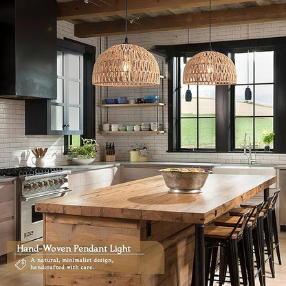Brown Rattan Light Fixture 15ft Plug In Pendant Light Woven Pendant Light Boho Chandelier Wicker Pendant Light Boho Pendant Light Plug In for Dining Room Kitchen Island Bedroom(Bulb Incl.)