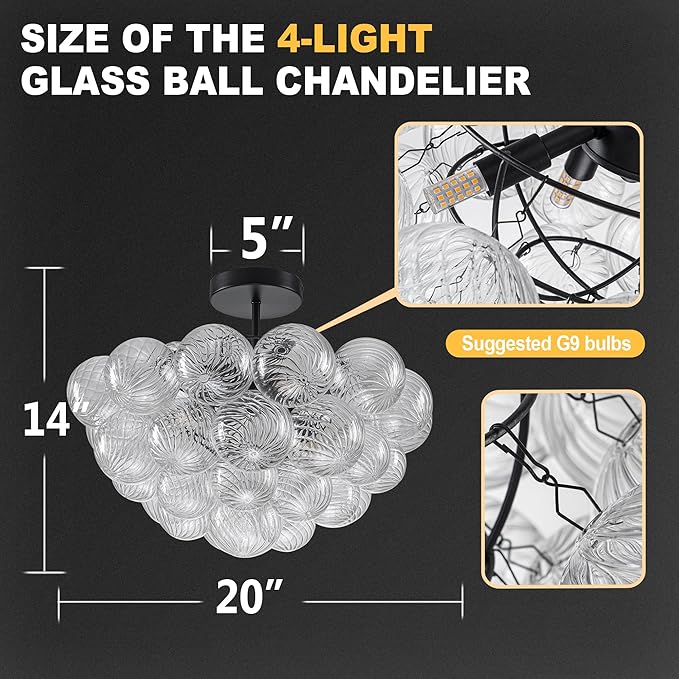 Hand Blown Glass Bubble Ball Chandelier Black Finish 20" Semi Flush Mount Ceiling Light Fixture Art Deco Cluster Ribbed Glass Globe Chandeliers Lighting for Dining Room Entry Living Bedroom