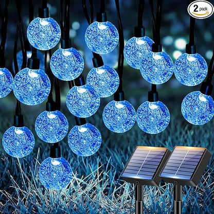 btfarm 2 Pack Solar String Lights Outdoor Waterproof, Total 98 FT 100 LED Solar Powered Patio Light, 8 Lighting Modes Crystal Globe Decoration for Garden Balcony Porch Yard Party, Blue
