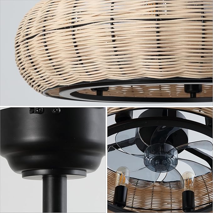 JONATHAN Y 23" Light Brown/Black 6-Light Modern Bohemian Ceiling Fan with Lights, 6-Speed Remote and App Control, Height Adjustable LED Lantern with Dark Brown Rattan Shade for Living Room (JYL9728B)