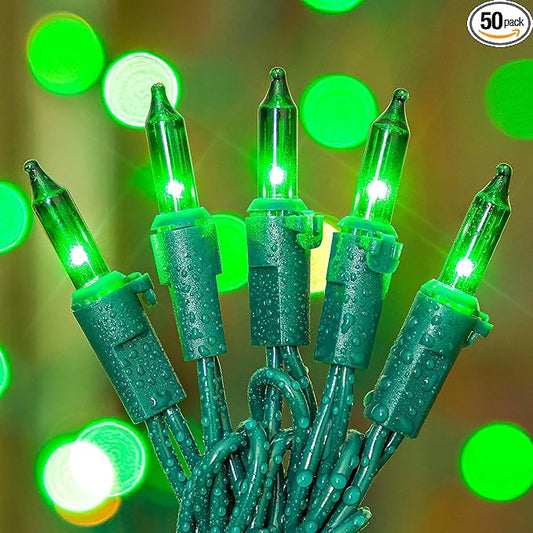 50-Count Green Christmas Lights,13Feet Incandescent Bulb Green Mini String Lights,Fairy St. Patrick's Day Lights Plug in for Tree Indoor Outdoor Halloween Party Patio Xmas Decor-Green Wire