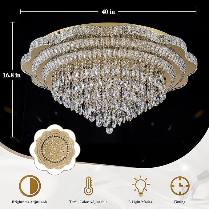 40" Gold Crystal LED Ceiling Light Fixture with Remote Control,Large Flush Mount Chandelier with 3-Color Dimmable for Living Room Bedroom Dining Room