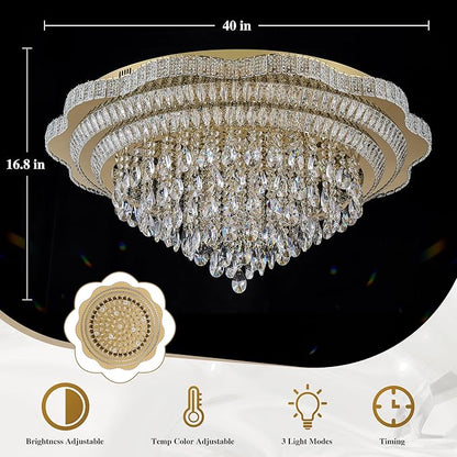 40" Gold Crystal LED Ceiling Light Fixture with Remote Control,Large Flush Mount Chandelier with 3-Color Dimmable for Living Room Bedroom Dining Room
