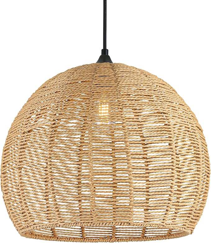 16.1 inch Hemp Rope Woven Pendant Light Wicker Pendant Light Rattan Light Fixture Boho Chandelier Farmhouse Chandelier Dome Pendants Light for Dining Room Bedroom Kitchen