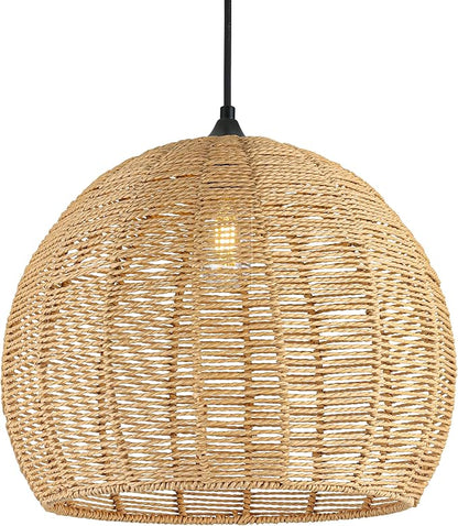 16.1 inch Hemp Rope Woven Pendant Light Wicker Pendant Light Rattan Light Fixture Boho Chandelier Farmhouse Chandelier Dome Pendants Light for Dining Room Bedroom Kitchen