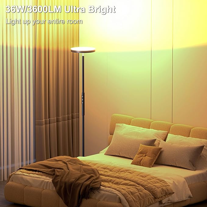 Yikuneng RGB Torchiere Floor Lamps for Living Room, 3600LM 36W Bright LED Standing Lamp with Remote, Modern Color Changing Tall Lamp with Stepless Dimming, 69" Corner Floor Lamp for Bedroom, Office