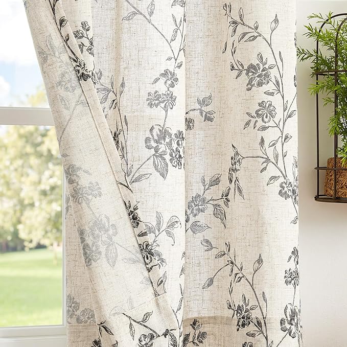 jinchan Floral Kitchen Curtains 54 Inch Linen Tier Curtains Farmhouse Cafe Half Window Drapes for Small Windows Light Filtering Black on Beige for Living Room Bathroom Back Tab 2 Panels
