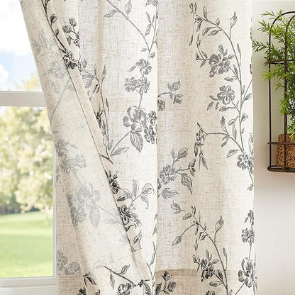 jinchan Floral Kitchen Curtains 54 Inch Linen Tier Curtains Farmhouse Cafe Half Window Drapes for Small Windows Light Filtering Black on Beige for Living Room Bathroom Back Tab 2 Panels