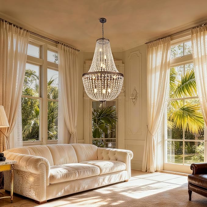 Wellmet French Empire Crystal Chandelier Farmhouse Antique Bronze Chandeliers Light Fixture, 7 Lights Adjustable Pendant Light for Dining Living Room, Bedroom, Entryway, Kitchen, Foyer, 19" W