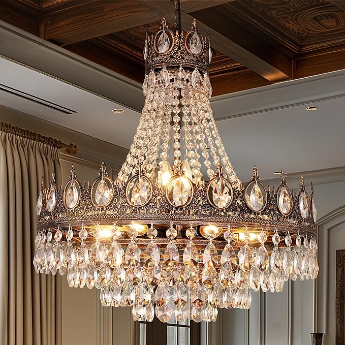 TOCHIC French Empire Crystal Chandelier, 9-Light Farmhouse Antique Bronze Chandelier Vintage Rustic Ceiling Light Fixture for Dining Living Room, Bedroom, Kitchen Island, Bathroom, Foyer, 24" W