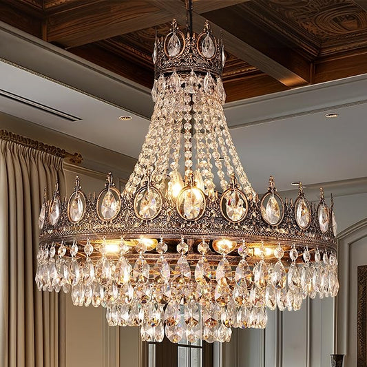 TOCHIC French Empire Crystal Chandelier, 9-Light Farmhouse Antique Bronze Chandelier Vintage Rustic Ceiling Light Fixture for Dining Living Room, Bedroom, Kitchen Island, Bathroom, Foyer, 24" W