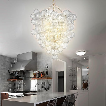 Extra Large Glass Bubble Chandelier 2-Tier 44" High Light Fixtures Mid-Century Swirled Clear Blown Glass Globe Chandeliers Pendant Lights for Stairway Living Room Entryway Foyer