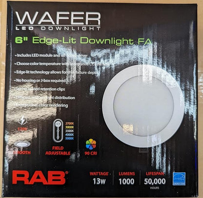 RAB Lighting WFRL-Field-Adjustable Edge-Lit LED Downlight-Canless Wafer Design-Black/White Trim-5CCT Selectable 2700K-5000K-90 CRI-Wet Rated/Dimmable for Modern Ceilings (WFRL6R139FA120WS, 1)