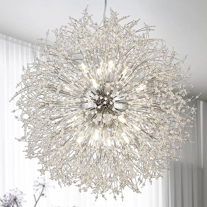 Modern Sputnik Chandelier, 24 Lights Large Firework Crystal Chandelier, Chrome Dandelion High Ceiling Light Fixture for Foyer Hallway Entryway Living Room