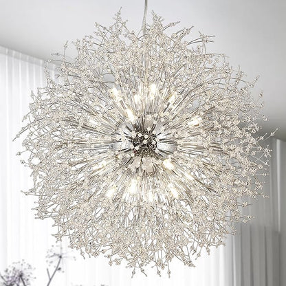 Modern Sputnik Chandelier, 24 Lights Large Firework Crystal Chandelier, Chrome Dandelion High Ceiling Light Fixture for Foyer Hallway Entryway Living Room
