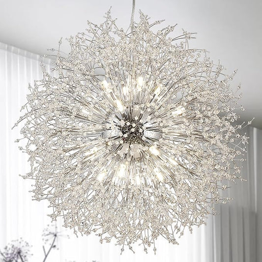 Modern Sputnik Chandelier, 24 Lights Large Firework Crystal Chandelier, Chrome Dandelion High Ceiling Light Fixture for Foyer Hallway Entryway Living Room