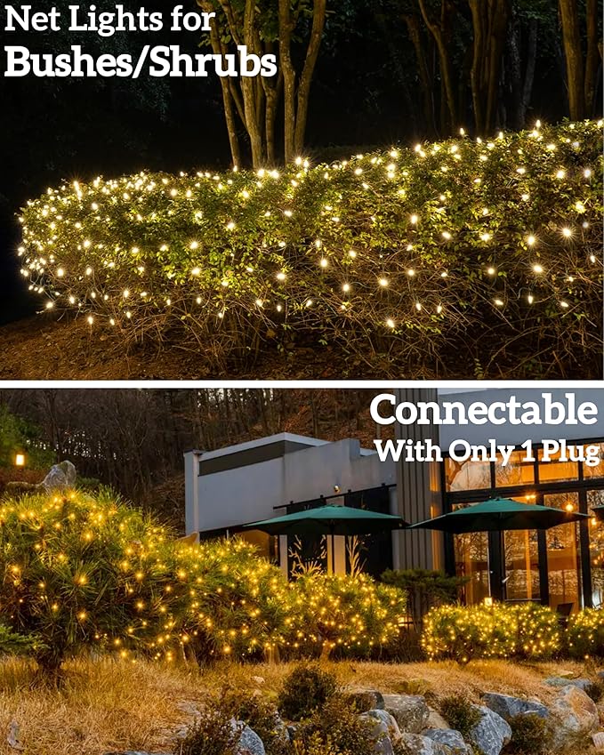 Led Christmas Net Lights for Bushes, 132LED 6FT x 6FT Connectable UL Certified Net Lights for Bushes Tree Shrubs Xmas Trunk Green Wire Christmas Decorations
