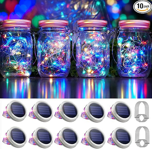 SmilingTown 30 LED 10 Packs Mason Jar Lights with Hangers Colorful Solar Mason Jar Lids Fairy String Light Outdoor for Patio Yard Garden Decor Christmas Wedding Party Lights (NO Jars)