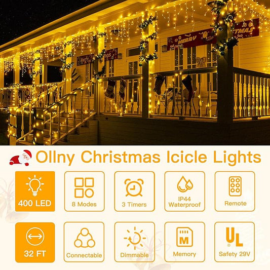 Ollny Icicle Lights for Outside 400LED 32FT, Warm White Christmas Light with Remote 8Modes Timers Waterproof, Plug in Connectable Hanging Lights for Outdoor Indoor House Roof Holiday
