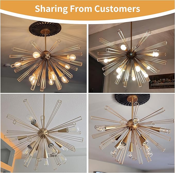 Modern 33'' Gold Sputnik Chandelier, 10-Light Mid Century Brushed Brass Starburst Chandelier Light Fixture, Large Pendant Lighting for Kitchen Dining Room Bedroom Foyer Sloped Ceiling Compatible