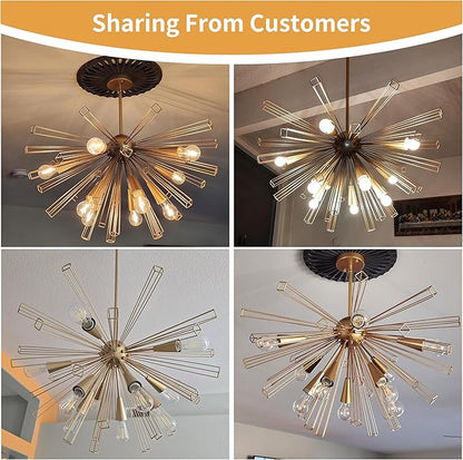 Modern 33'' Gold Sputnik Chandelier, 10-Light Mid Century Brushed Brass Starburst Chandelier Light Fixture, Large Pendant Lighting for Kitchen Dining Room Bedroom Foyer Sloped Ceiling Compatible