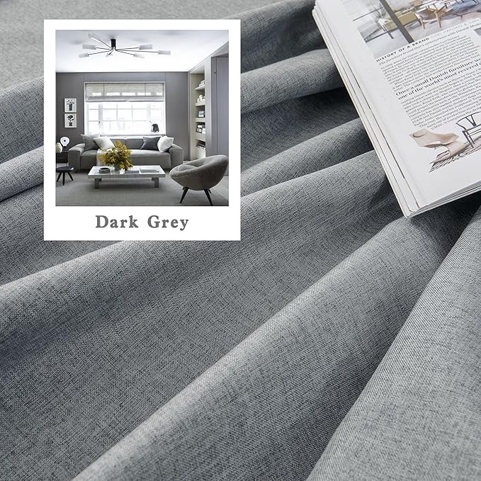 DUALIFE Linen Blackout Curtains 63 Inches Long, Back Tab Rod Pocket Hook Belt Sun Heat and Full Light Blocking Curtain Panels for Bedroom Living Room, 2 Panels, Dark Grey, W50 x L63