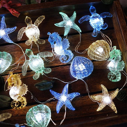 Solar String lights Outdoor Decorative Fairy Solar Lights for Outside Garden Décor Waterproof Sea life Turtle Seahorse Starfish Ocean Nautical Balcony Patio Lights 40LED 14ft Yard Fence Window Decor