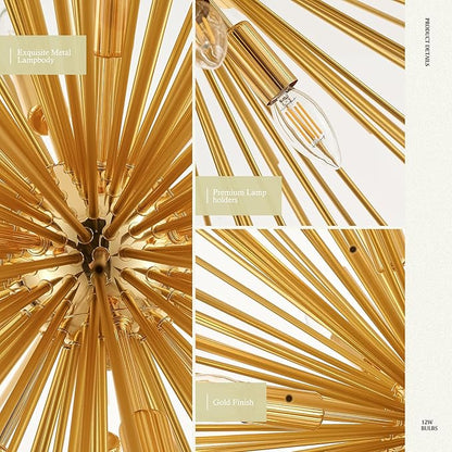 31.5" Gold Sputnik Chandelier 12-Light, Mid Century Modern Starburst Ceiling Light with Adjustable Chain, Industrial Globe Pendant Light Fixture for Dining Room Kitchen Island Living Room Foyer
