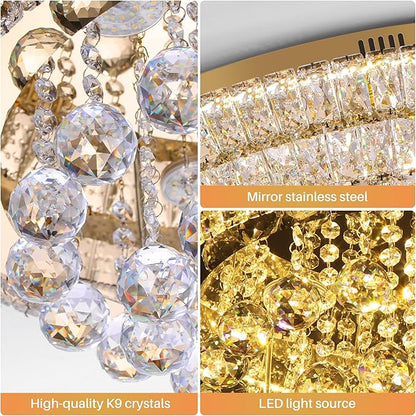 Miuyhji Large LED Crystal Raindrop Ceiling Light,Rose Gold, 30" Elegant Semi Flush Mount Chandelier Light Fixture with Remote Control for Living Room Kitchen Bedroom Hallway Entryway Foyer(Dimmable)