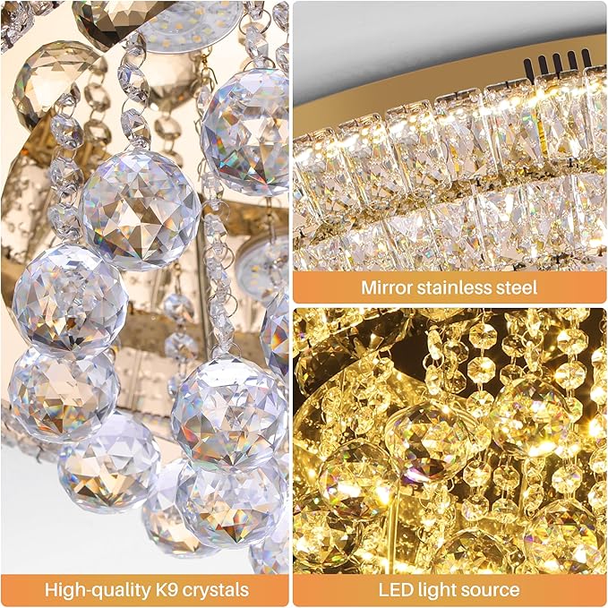 Miuyhji Large LED Crystal Raindrop Ceiling Light,Rose Gold, 20" Elegant Semi Flush Mount Chandelier Light Fixture with Remote Control for Living Room Kitchen Bedroom Hallway Entryway Foyer(Dimmable)