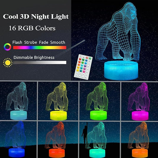Gorilla Night Light, Gorilla Gifts, Ape 3D Illusion Night Light, 16 Colors Changing, Remote Control with Timer, Kids Room Decoration Monkey Gifts for Boy