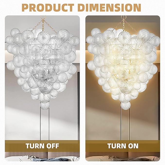Extra Large Glass Bubble Chandelier 2-Tier 44" High Light Fixtures Mid-Century Swirled Clear Blown Glass Globe Chandeliers Pendant Lights for Stairway Living Room Entryway Foyer