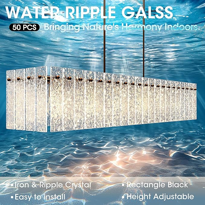 Modern Black Rectangle Chandelier, 48" Dining Room Chandelier with Water Ripple Glass, Linear Crystal Chandeliers for Dining Room, Living Room, Kitchen Island