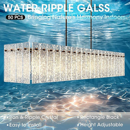 Modern Black Rectangle Chandelier, 48" Dining Room Chandelier with Water Ripple Glass, Linear Crystal Chandeliers for Dining Room, Living Room, Kitchen Island