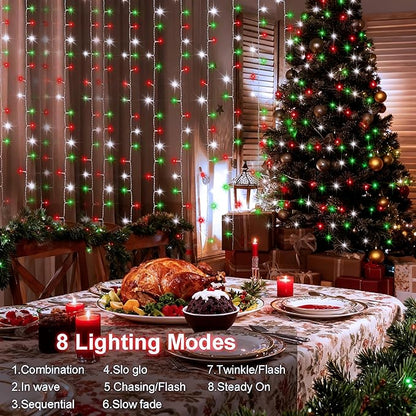 echosari Red White and Green Christmas Curtain Lights Battery Operated, 300 LED Fairy Curtain Lights 9.8Ft x 9.8Ft Hanging Lights with Remote Timer for Party Holiday Garden Yard Decor