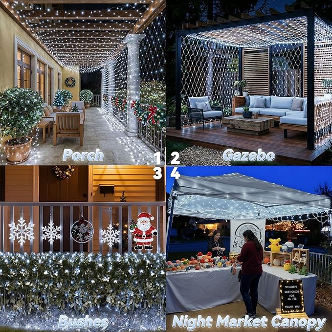 LitHome 10 x 10FT Gazebo Net Lights Outdoor, 200 LED Gazebo Lighting Waterproof, 8 Modes Connectable Net Lights with Timer, Cool White Christmas Mesh Light Plug in for Bushes, Pergolas, Garden Decor