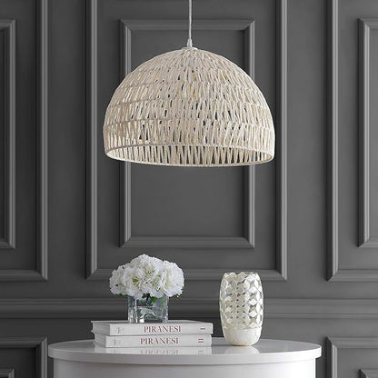JONATHAN Y 20" Cream Modern Bohemian Woven Rope LED Pendant Light Fixture, Adjustable Dome Ceiling Lamp for Kitchen Island, Rope Shade, Coastal Farmhouse Decor JYL6504A
