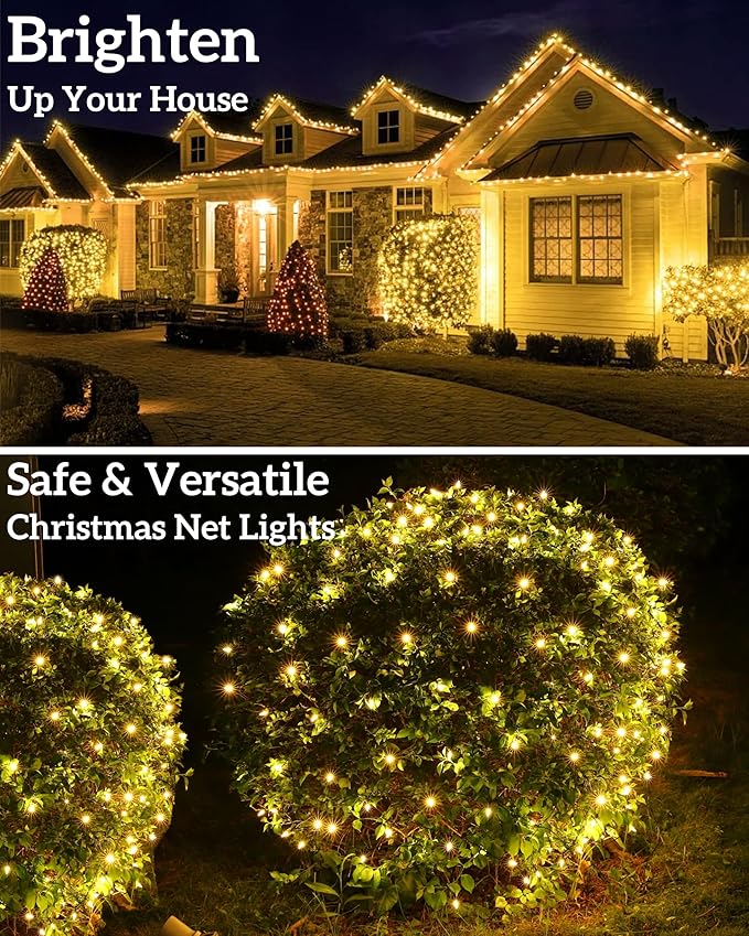Led Christmas Net Lights for Bushes, 132LED 6FT x 6FT Connectable UL Certified Net Lights for Bushes Tree Shrubs Xmas Trunk Green Wire Christmas Decorations